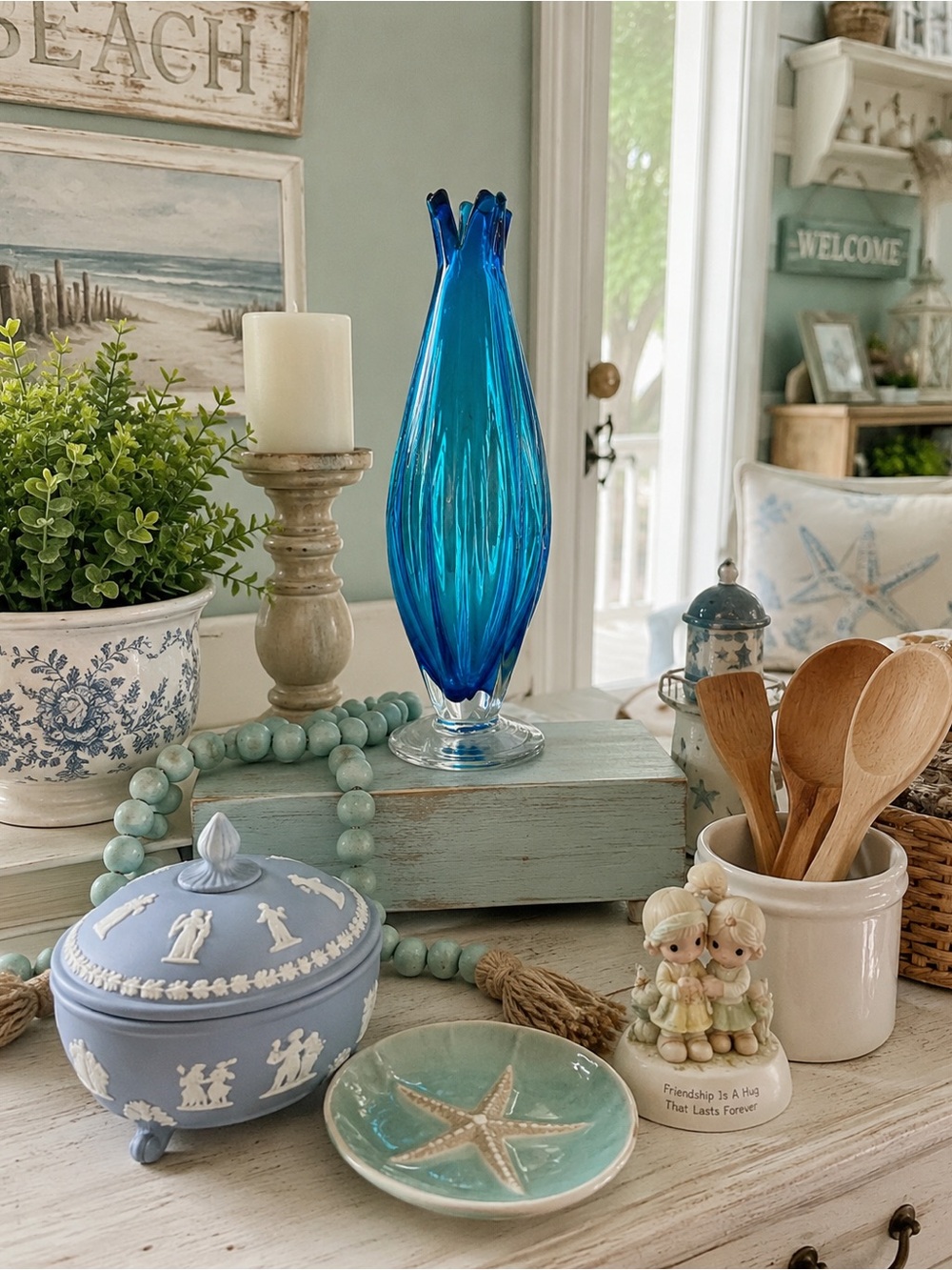 MCM Blue Hand-Blown Fluted Glass Vase